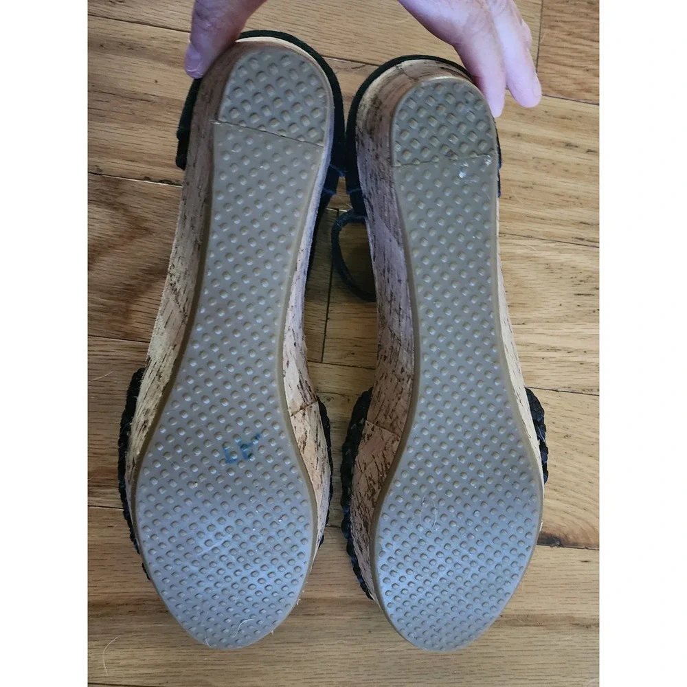 TOMS Womens Black Suede Woven Peep Toe Cork Wedge Ankle Strap Sandals‎
